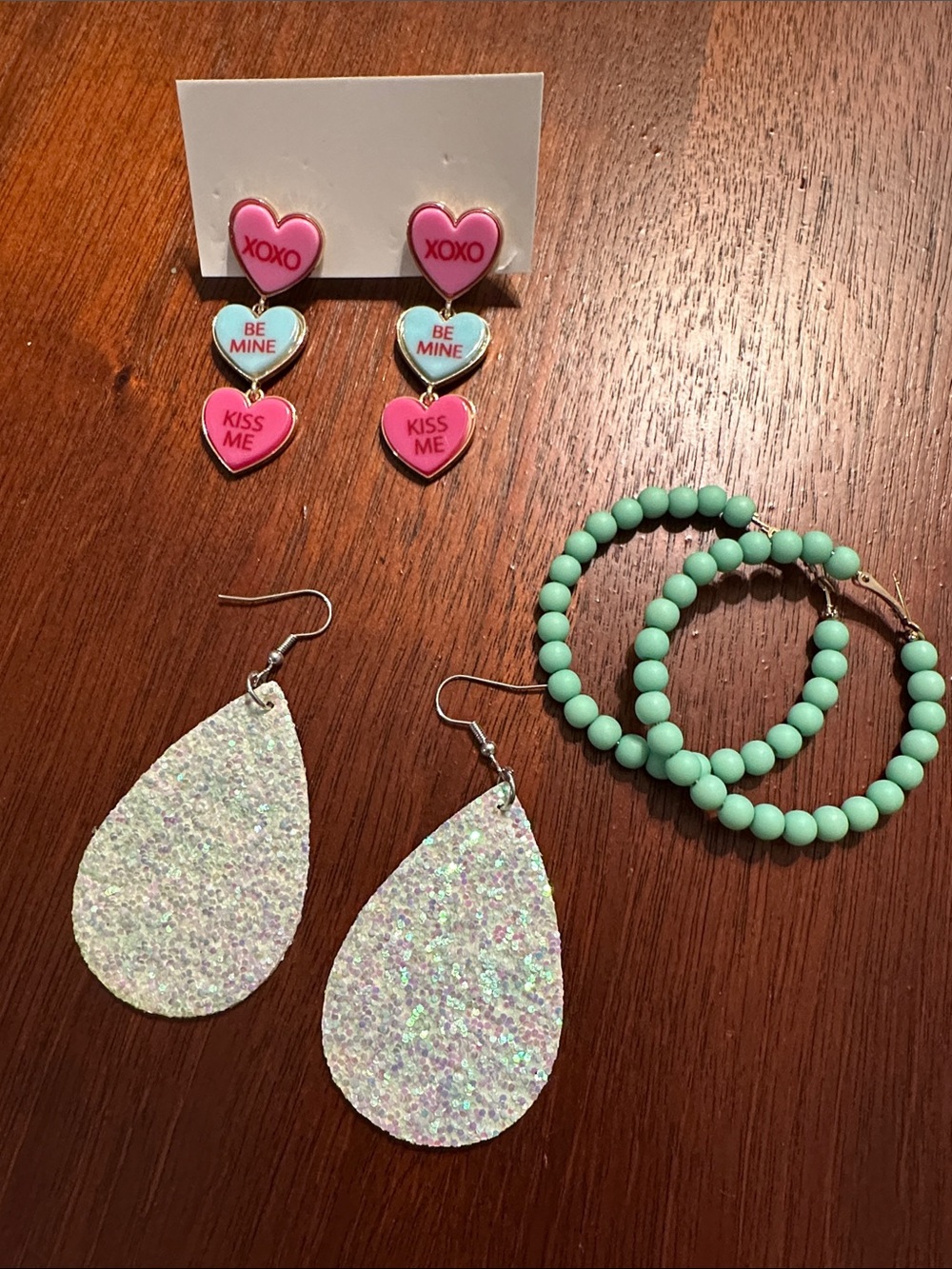 Pink & Mint Heart Drop, Pastel Glitter, and Mint Bead Hoop Earrings